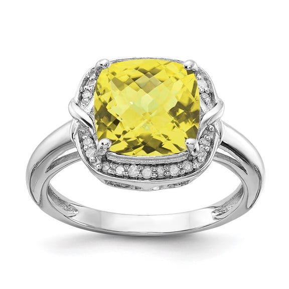 Diamond2Deal 925 Sterling Silver Diamond and Checker cut Lemon Quartz Ring Size 10 for Women