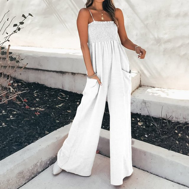 Women Casual Jumpsuit Backless High Waisted Jumpsuit Solid Color Beach Playsuits