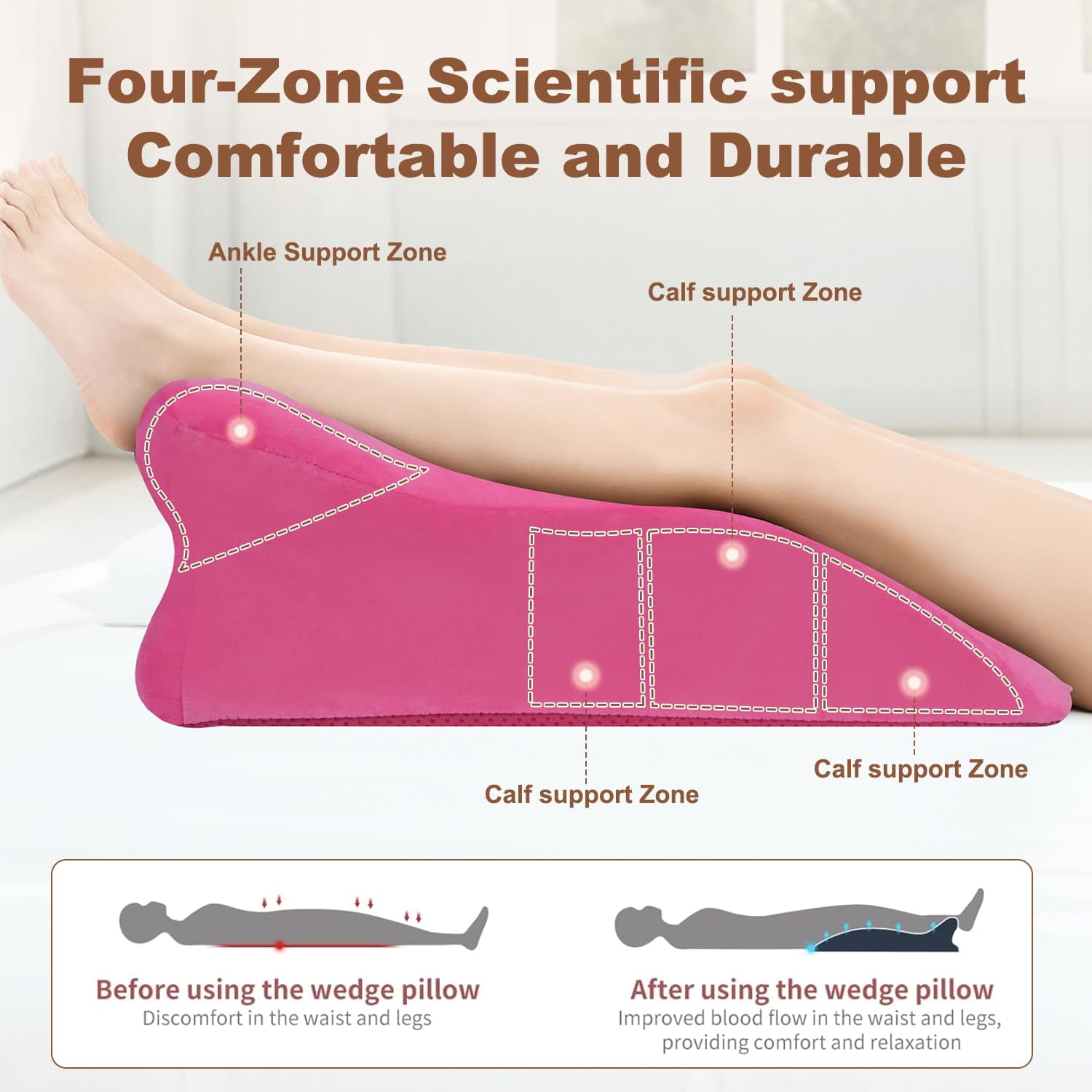 Memory Foam Ergonomic Wedge Pillow, Multi-Position Support Pillow, Ergonomic Support for Back Pain, Acid Reflux & Sitting Up, Ideal for Massage, with Removable Cover,40-Degree Angle Design (Pink)