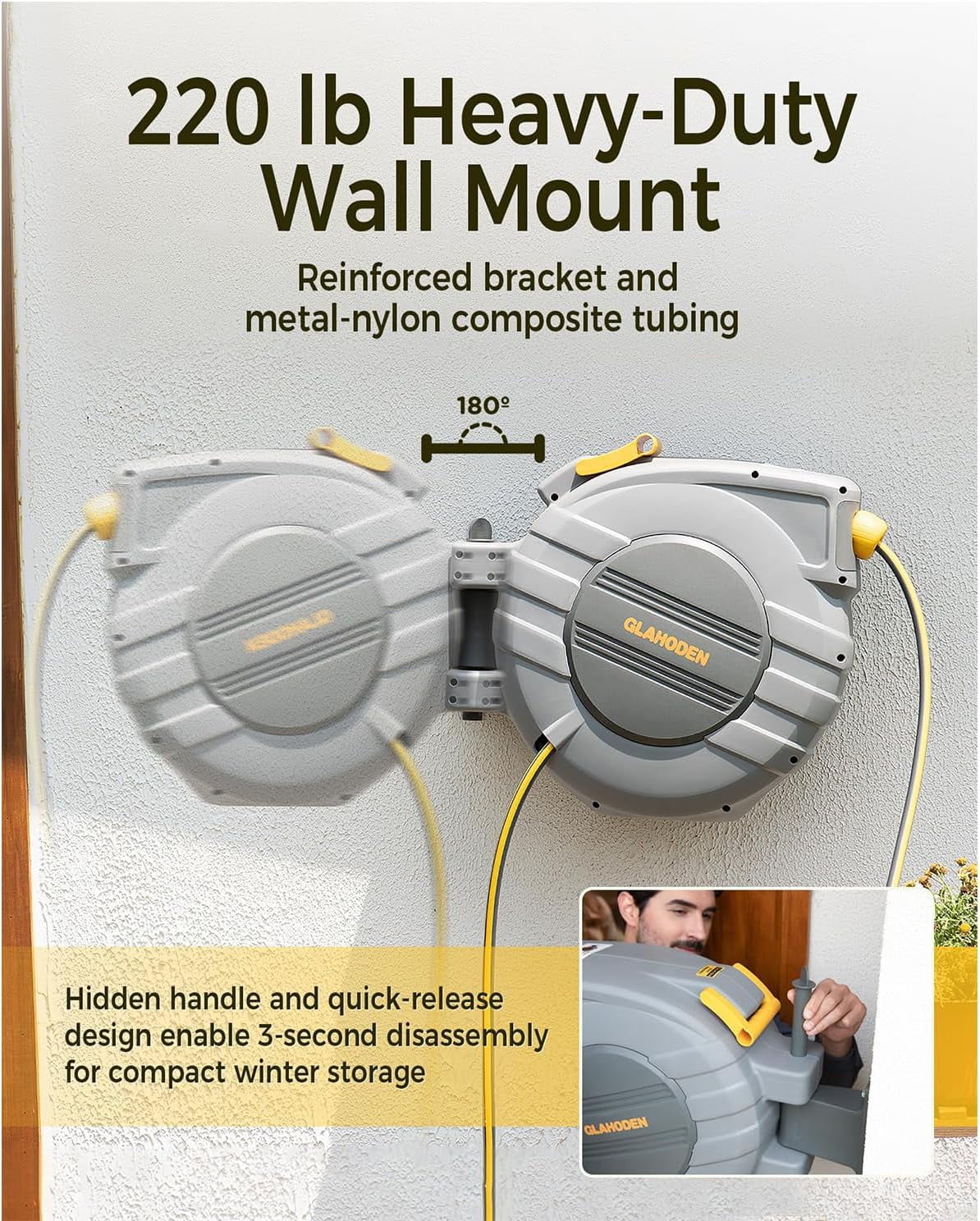 Retractable Garden Hose Reel 5/8 in x 100 ft Upgraded UV Resistant Heavy Duty Automatic Hose Reel Wall Mount 3/4 in Brass Fitting 9 Pattern Nozzle Any Length Lock Slow Retraction 180° Swivel
