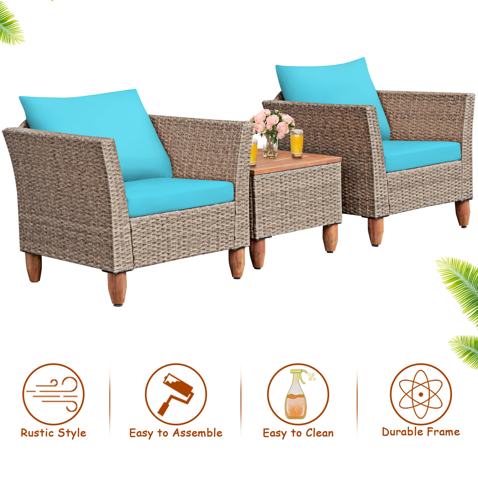 Patiojoy 3 Piece Outdoor Rattan Sofa Set Wicker Conversation Furniture Set with Turquoise Cushions - image 4 of 9