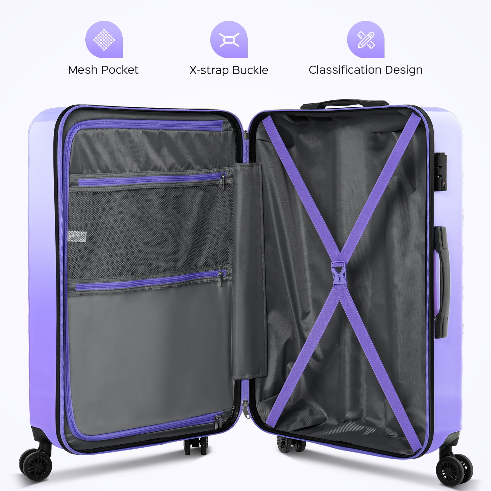 3 Piece Luggage Sets 20"/24"/28" ABS+PC Lightweight Hardshell Suitcase with Spinner Wheels and TSA Lock,Purple