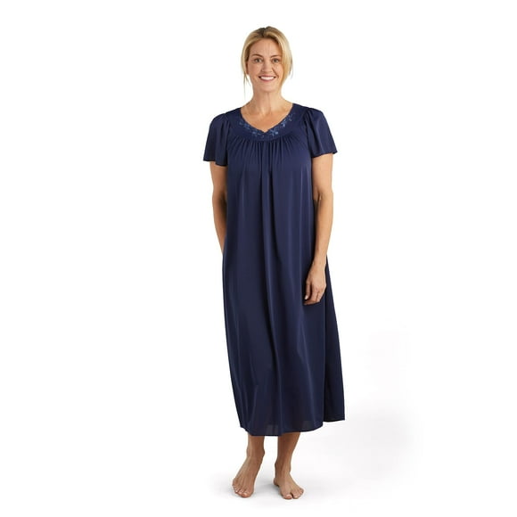 Miss Elaine Tricot Nightgown, Long Sleep Dress With Comfortable Lightweight Fabric, Flutter Sleeves (Small, Navy)
