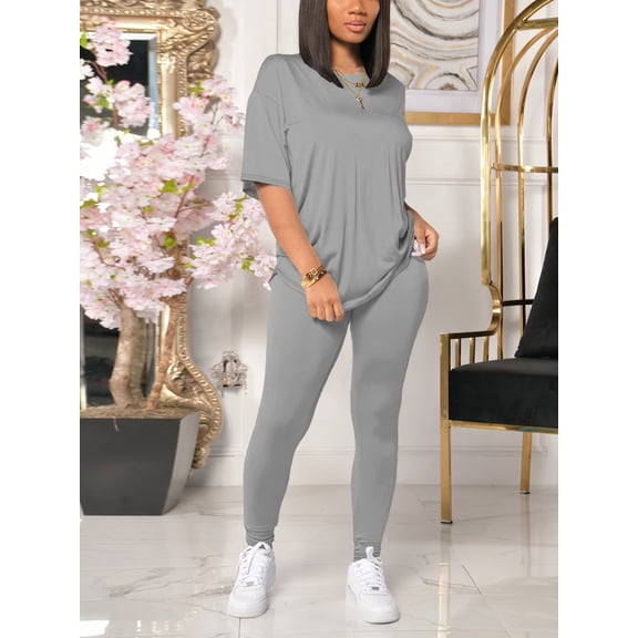 Women 2 Piece Outfits Summer Sweatsuits Drop Shoulder Tracksuits Biker Short Workout Jogger Sets Gray