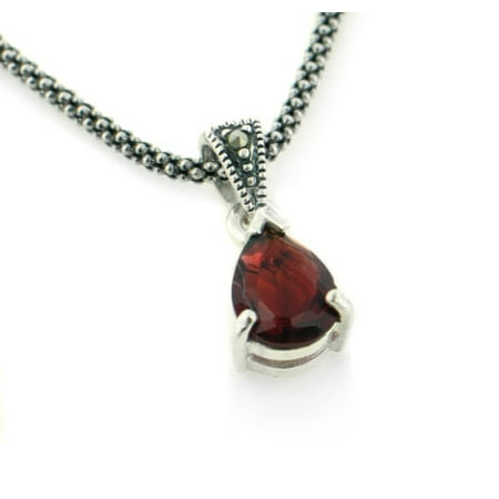 Garnet Sterling Silver Necklace - Sterling Silver Antiqued Marcasite and Genuine Garnet Teardrop Pendant 16
