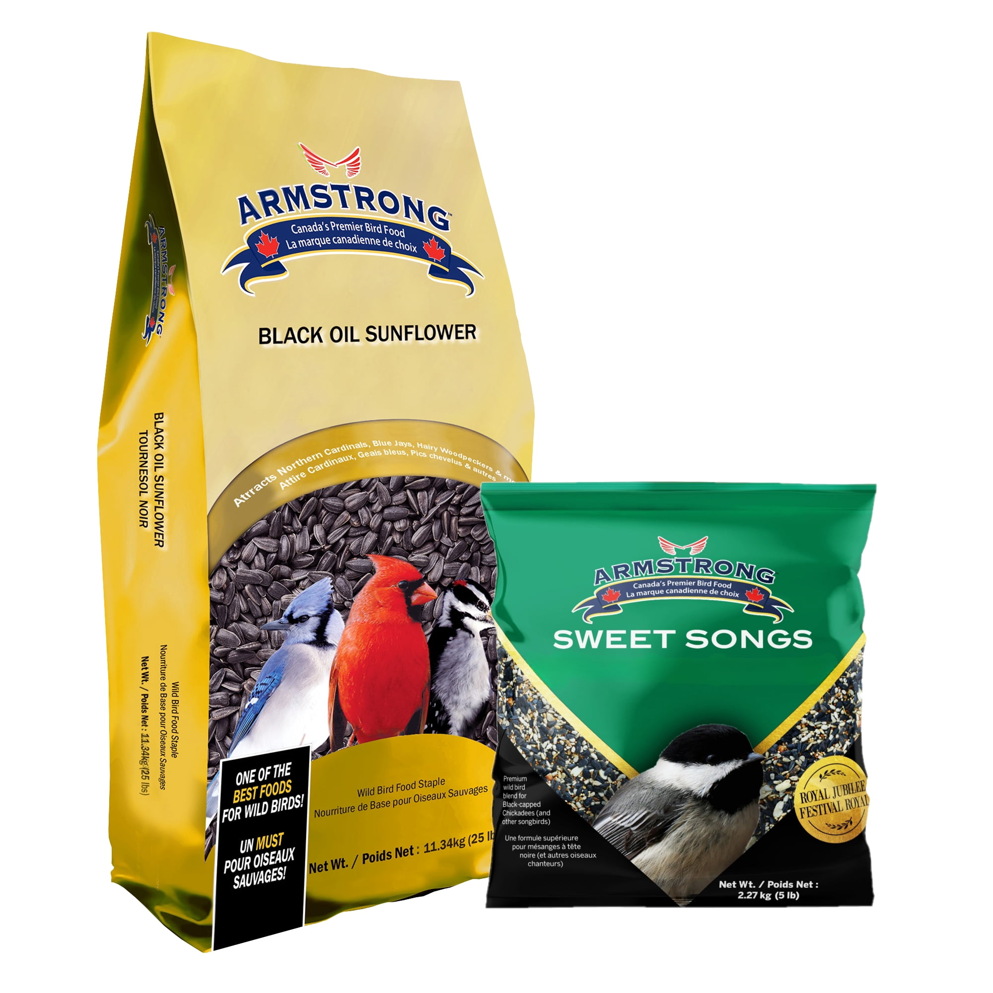 Armstrong Wild Bird Food Combo Pack - Black Oil Sunflower Bird Seed, 25lbs and Royal Jubilee Sweet Songs Blend, 5lbs (Pack of 2)