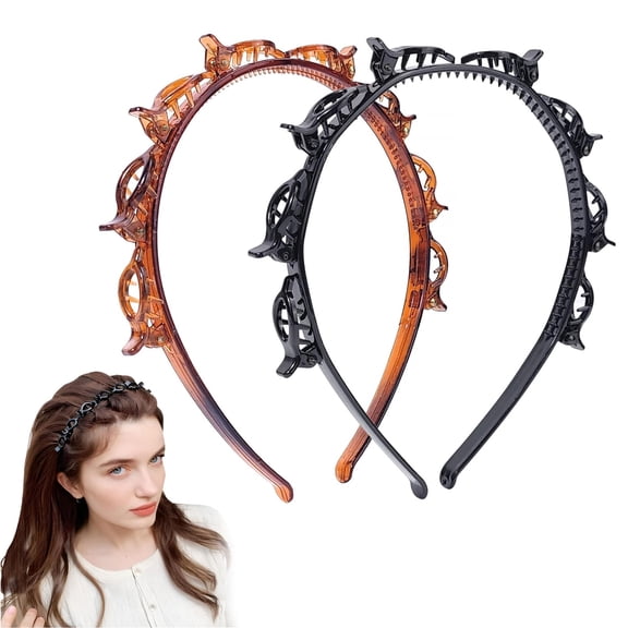 2 PCS Headband with Clips with 8 Clips Each, Butterfly Clip Headband, Double Bangs Hairstyle Headband, Multi Layer Toothed Braid Tool(2pcs)