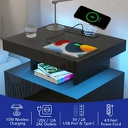Hommpa LED Nightstand with Wireless Charging Station Modern Nightstand Type C USB Port 2 Drawers Bedside Table Black Smart Night Table High Gloss End Side Table for Bedroom Furniture 22.3 Tall