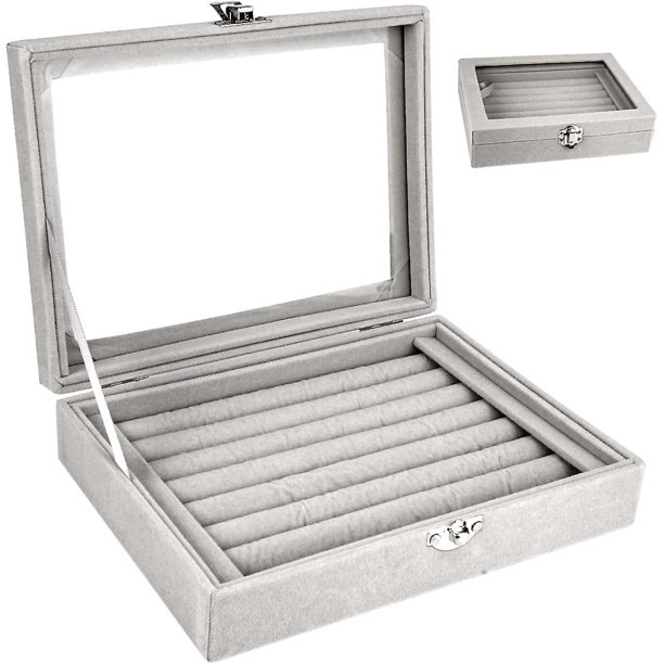 Soporte para anillos, expositor de terciopelo gris con tapa, soporte para anillos, caja de almacenamiento portátil para anillos para mujer, caja de almacenamiento de joyas para aparatos ortopédicos
