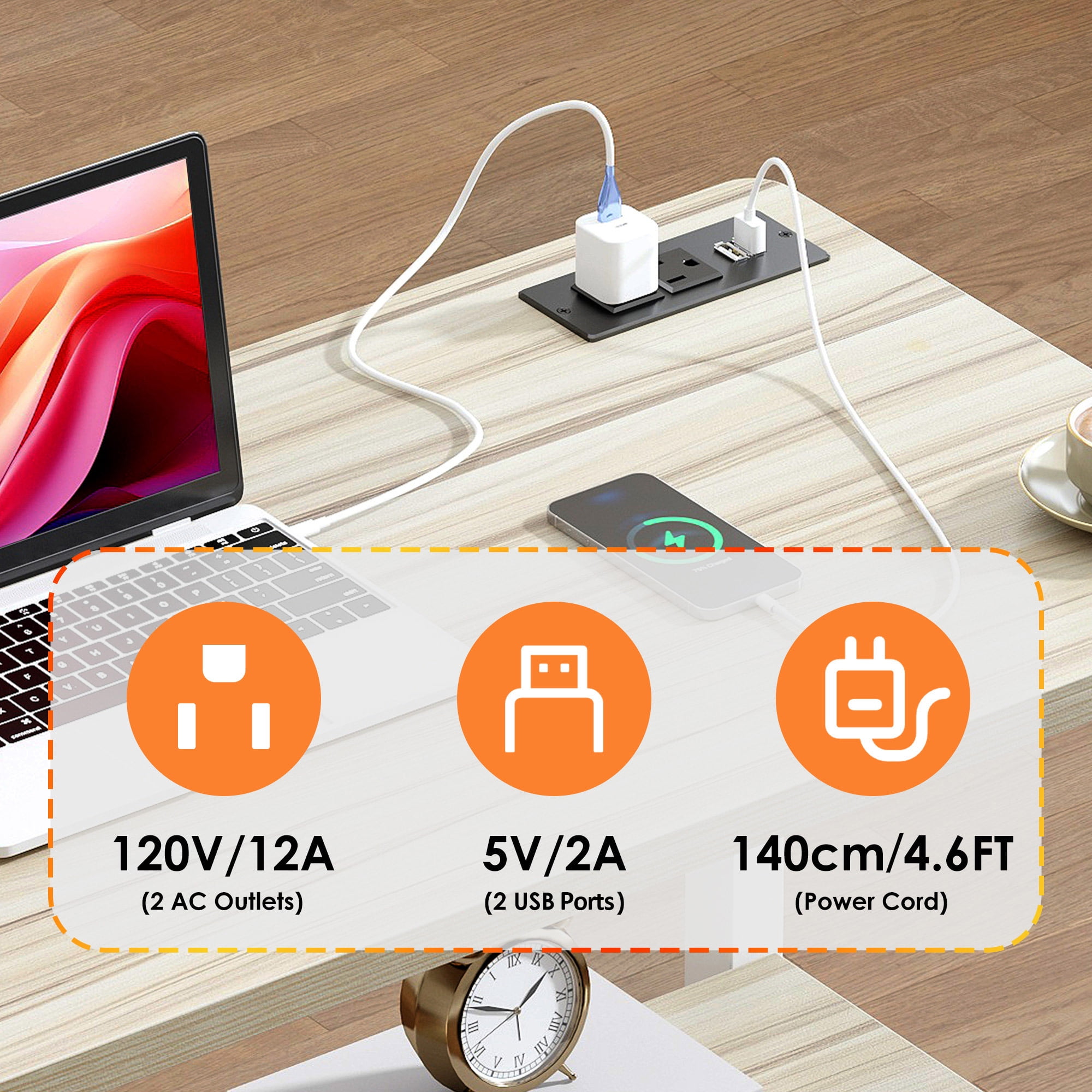 Soges 31.5" Height Adjustable Computer Desk with Charging Station, Adjustable Side Table Movable Laptop Desk with 2 Storage Shelves, Adjustable Desk on Wheels for Home Office, Sofa, Bed, Maple