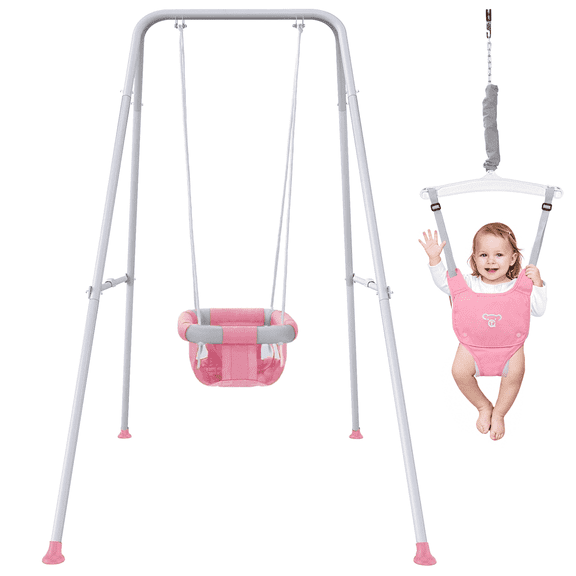 2-in-1 Baby Jumper and Swing, Indoor&Outdoor Baby Swing for 6-24 Months Infant Toddler, Pink