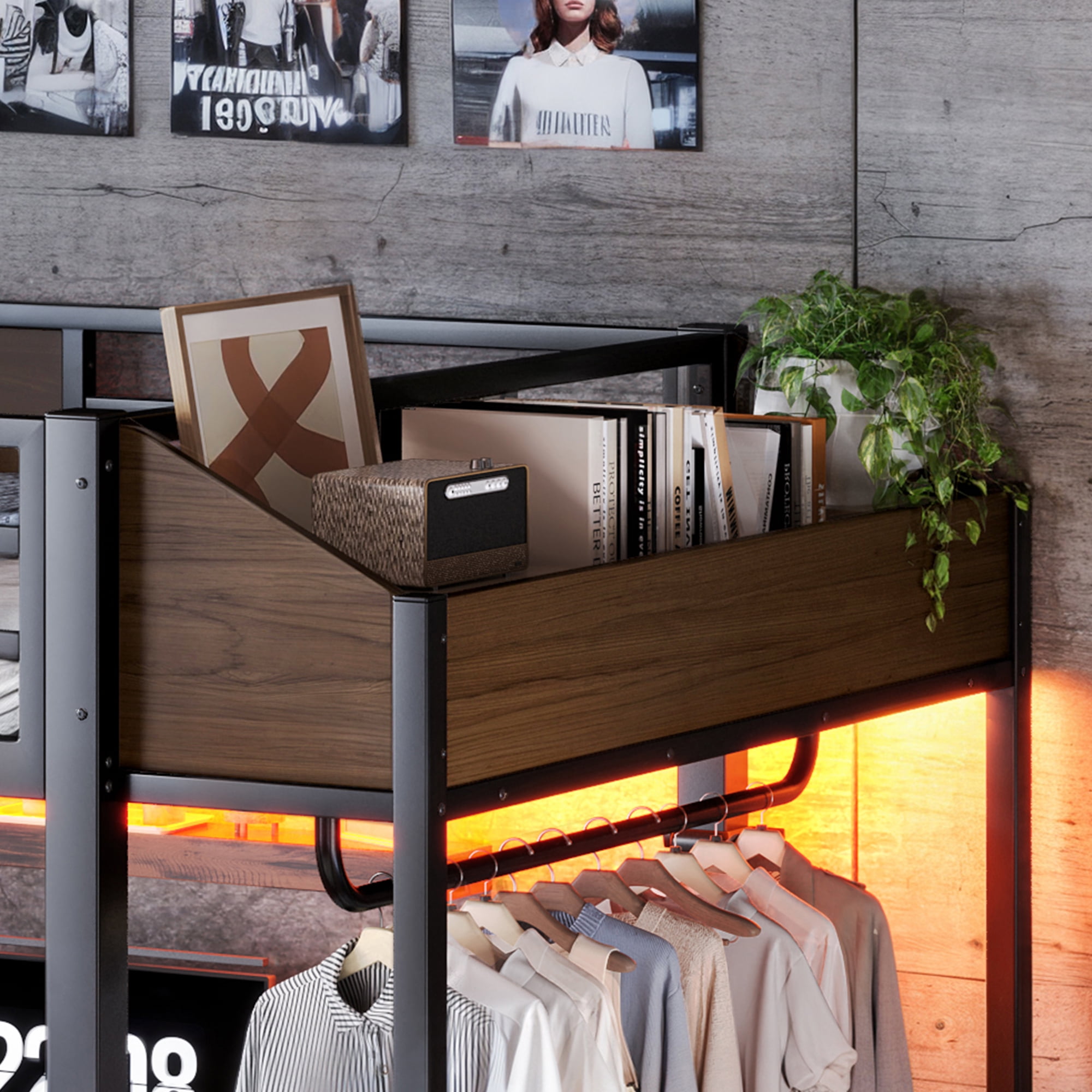 Mintazer Full Metal Loft Bed with L-Shaped Desk & LED Light Strip, Loft Bed Frame with Charging Station and Clothes Hanging Rod & Storage Shelves for Teen Adult Small Apartment Dorm, Black & Walnut