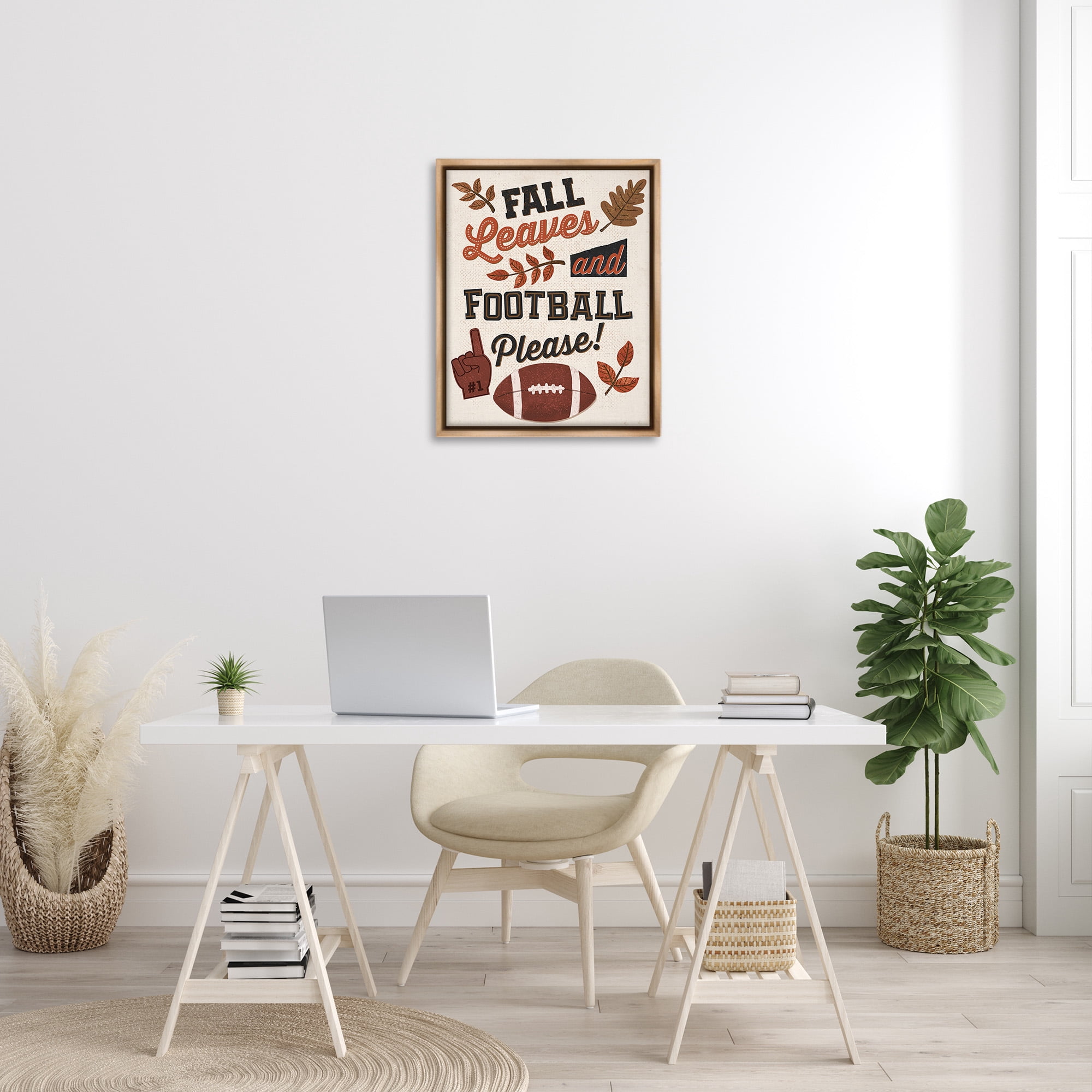 Stupell Industries Fall Leaves & Football Sports Painting Brown Floater Framed Canvas Art Print Wall Art, 25 x 31