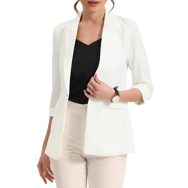 Unique Bargains Blazer Femme Col Cranté Manches 3/4 Veste Cardigan Costume Blanc TP