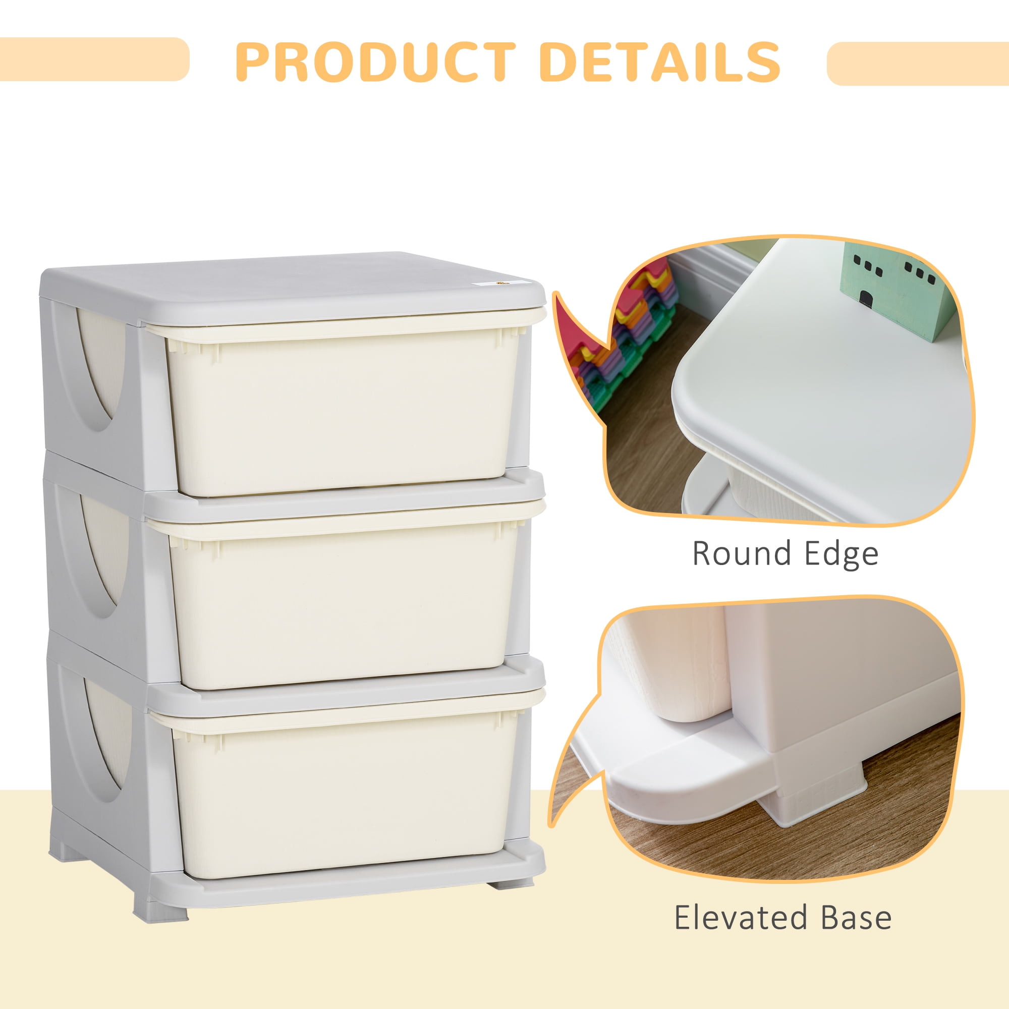 Qaba 3 Tier Kids Storage Unit Dresser Tower with Drawers Chest Toy Organizer for Bedroom Nursery Kindergarten Living Room for Boys Girls, Cream White