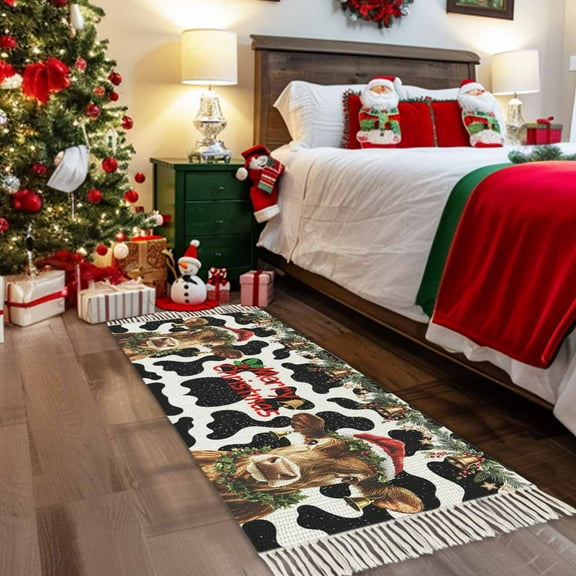 Christmas Entryway Runner Rug 2x4ft,Winter Cow Xmas Pine Branches Animals Print Washable Woven Living Room Hallway Bedroom Kitchen Carpet with Tassels,Indoor Outdoor Throw Door Mat for Entryway