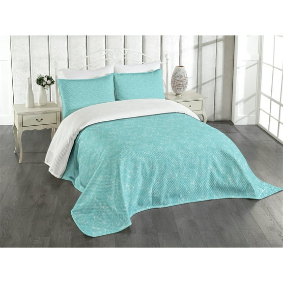 Ambesonne Turquoise Quilted Bedspread Set 3 Pcs, Sea Inspired Lines, Queen Size, Pale Blue White