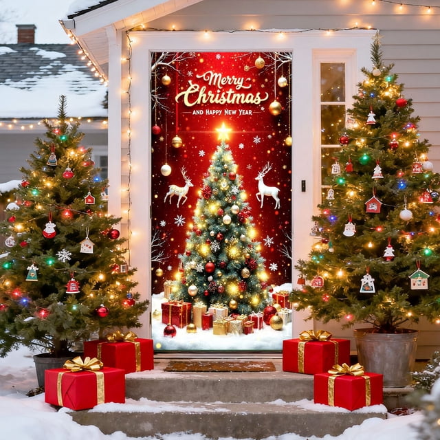 Couvre-porte de Noël / Rideau de Porte et Décoration Murale de Fête du Père Noël pour Usage Intérieur et Extérieur / Drapé de Porte en Tissu Polyester 35 x 72 Pouces pour Fête de Festival et Décoration Intérieure