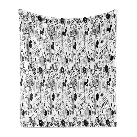 Black and White Soft Flannel Fleece Throw Blanket, Punk Teenage Pattern Cassette Keyboard Ghost Heart and Boombox Doodle, Cozy Plush for Indoor and Outdoor Use, 50" x 70", Black White, by Ambesonne