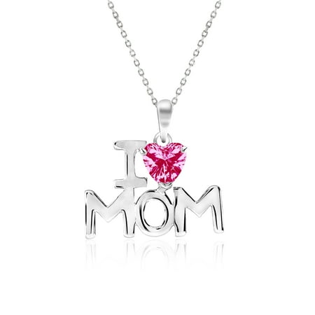JeenMata I Love Mom Heart Shaped Strong Strong Red Stone Pendant Necklace with 18K White Gold over Silver - July Birthstone - Mother's Day Jewelry Gift