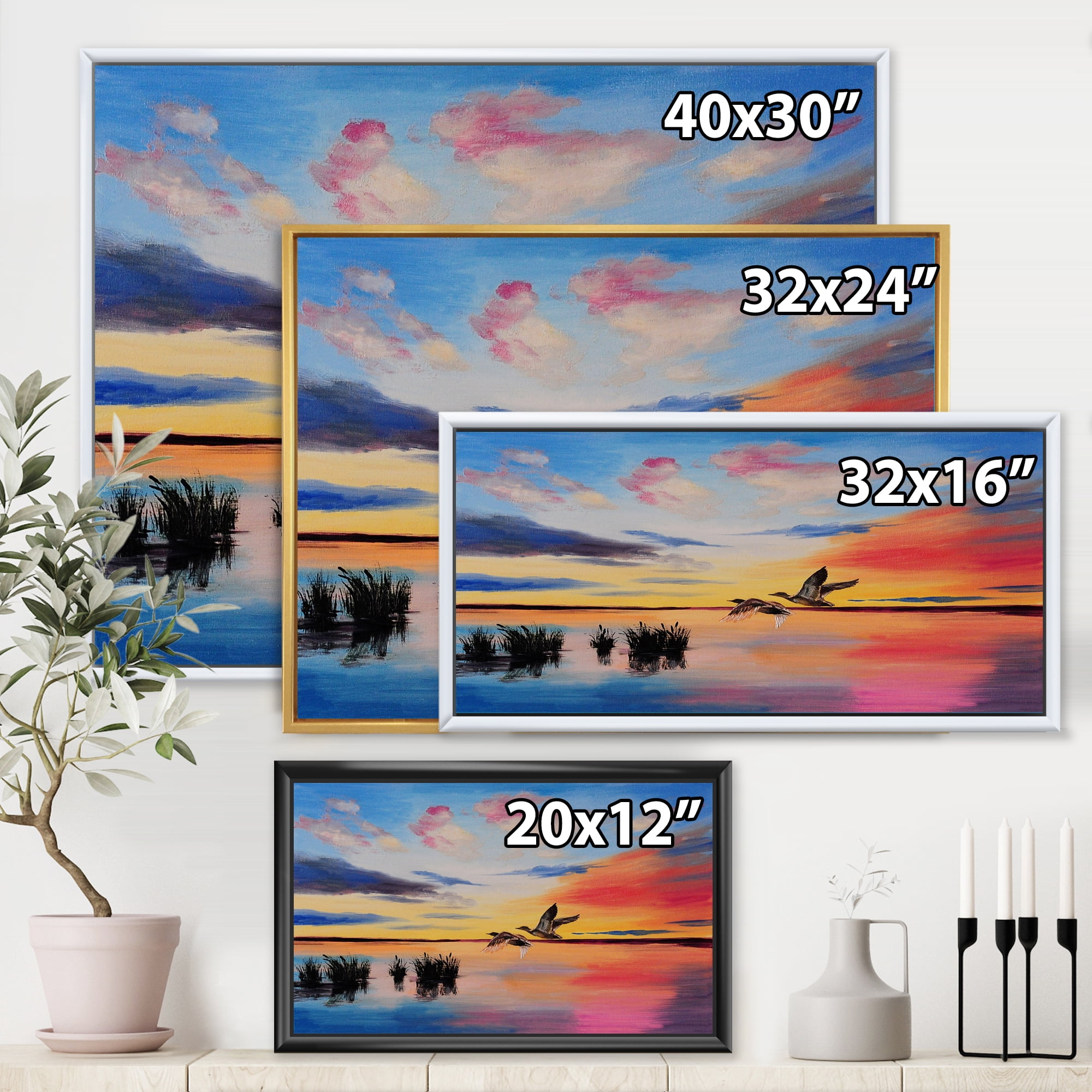 Crane Birds Flying During Colorful Sunset 32 in x 16 in Framed Painting Canvas Art Print, by Designart