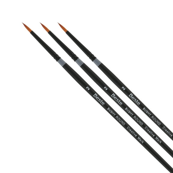Creative Mark Beste Golden Taklon Bushy Round #2 - 3 Pack Artist Paint Brush, Professional Watercolor Brushes, For Acrylic Painting, Short Handle, Sharp Edges, Hand-Tied & Shaped
