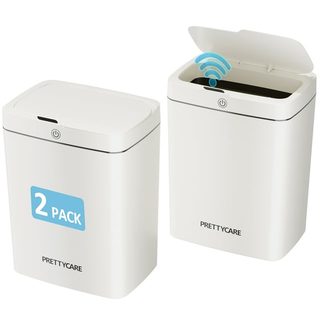 PrettyCare Garbage Bins,Automatic Sensor with Lid 2 Pcs,14L Touchless Trash Cans for Bathroom, Kitchen, Bedroom, Office GW01 White