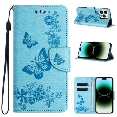 Feishell Wallet Case for iPhone 16,Retro PU Leather Butterfly Embossed Pattern Full Protection Anti-Scratch Magnetic Clasp Flip Holder Card Slots & Cash Pocket Phone Cover,Blue
