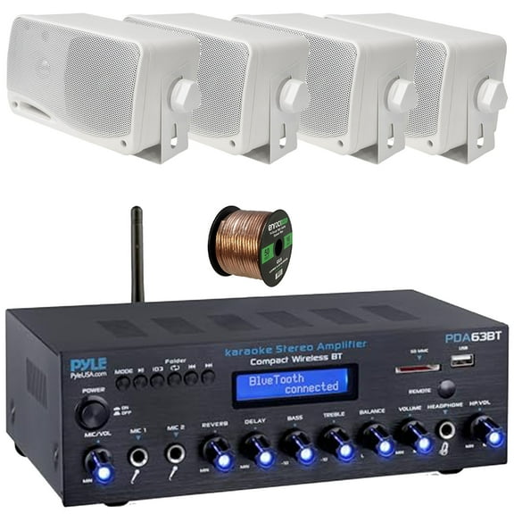 Pyle PDA63BT Wireless Bluetooth USB/SD/AUX FM Radio Home Audio Amplifier Receiver, 4x Pyle PLMR24 3.5'' 200W Max Power 3-Way Weather Proof Mini Box White Speakers, 50 Feet 16 Gauge Speaker Wire
