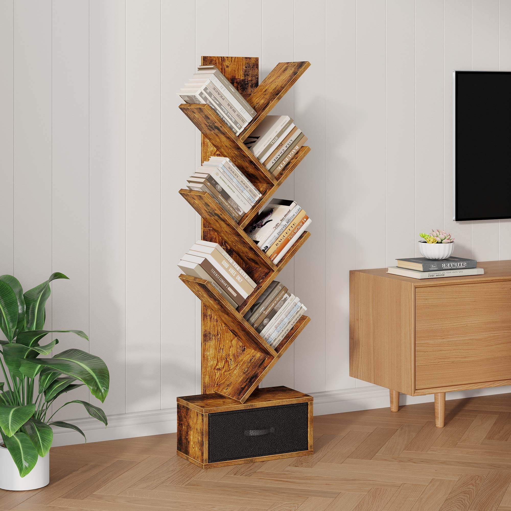 Greenstell 7-Tier Wooden Bookcase with Drawer, Free Standing Tree Bookshelf, Rustic Brown