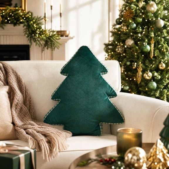 Ywbawe Christmas Tree Shaped Throw Pillow Festive Decorative Cushion Soft Plush for Sofa Couch Bed Xmas Home Decoration, 1 Pack