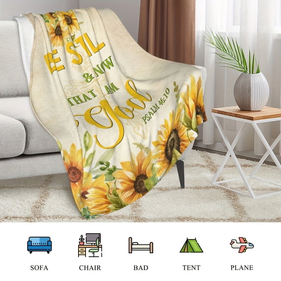 Inspirational Soft Inspirational Sunflower Flannel Blanket Tear Resistant Throw All Season Comfort Machine Washable Charming Floral Design Christian Gift for Women with Psalm 46:10 Verse