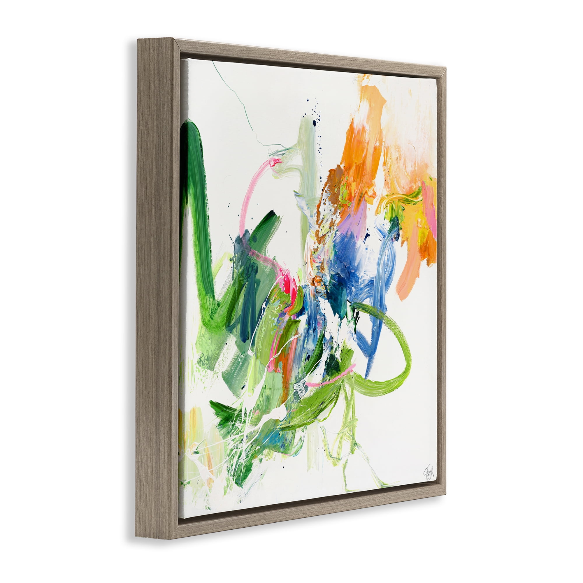 Confident Green Abstraction Brown Framed Floater Canvas Wall Art, design by Design Fabrikken