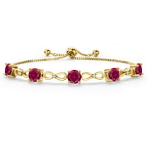 Gem Stone King 18K Yellow Gold Plated Red Created Ruby and White Moissanite Tennis Bracelet for Women | 5.06 Cttw | Gemstone July Birthstone | Round 6MM | Fully Adjustable up to 9 inch