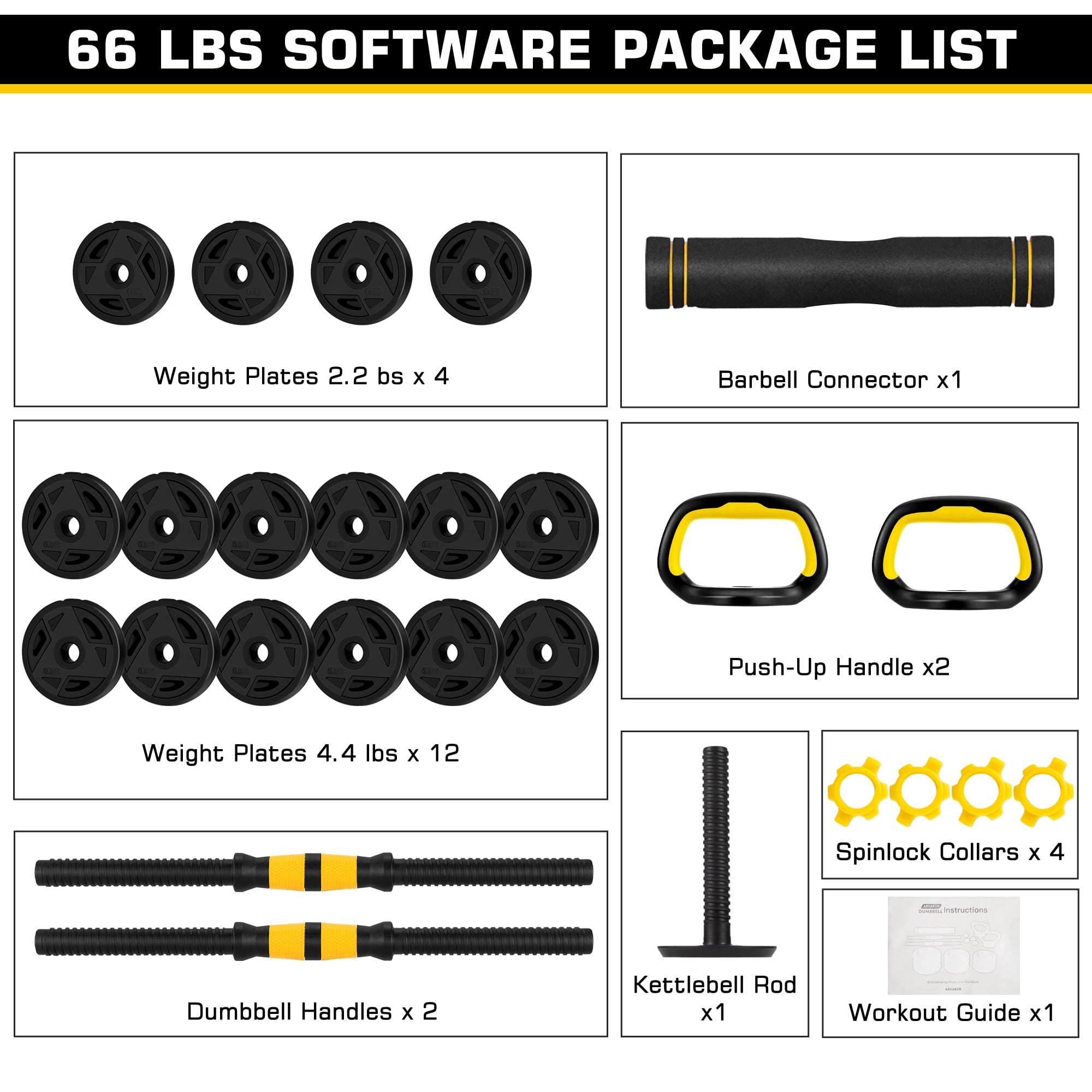 FIXTECH 66 Lbs Adjustable Weight Dumbbell Barbell Set, 4-In-1 Free Weight Combination with Curved Bar Connector for Women Men Workout Fitness, Yellow