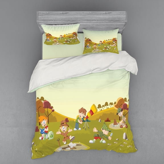 Colorful Duvet Cover Set, Group of Cartoon Explorer Boys on the Field Exploring Discovering Having Fun, Bedding Set with Shams and Fitted Sheet, 3 Sizes, by Ambesonne