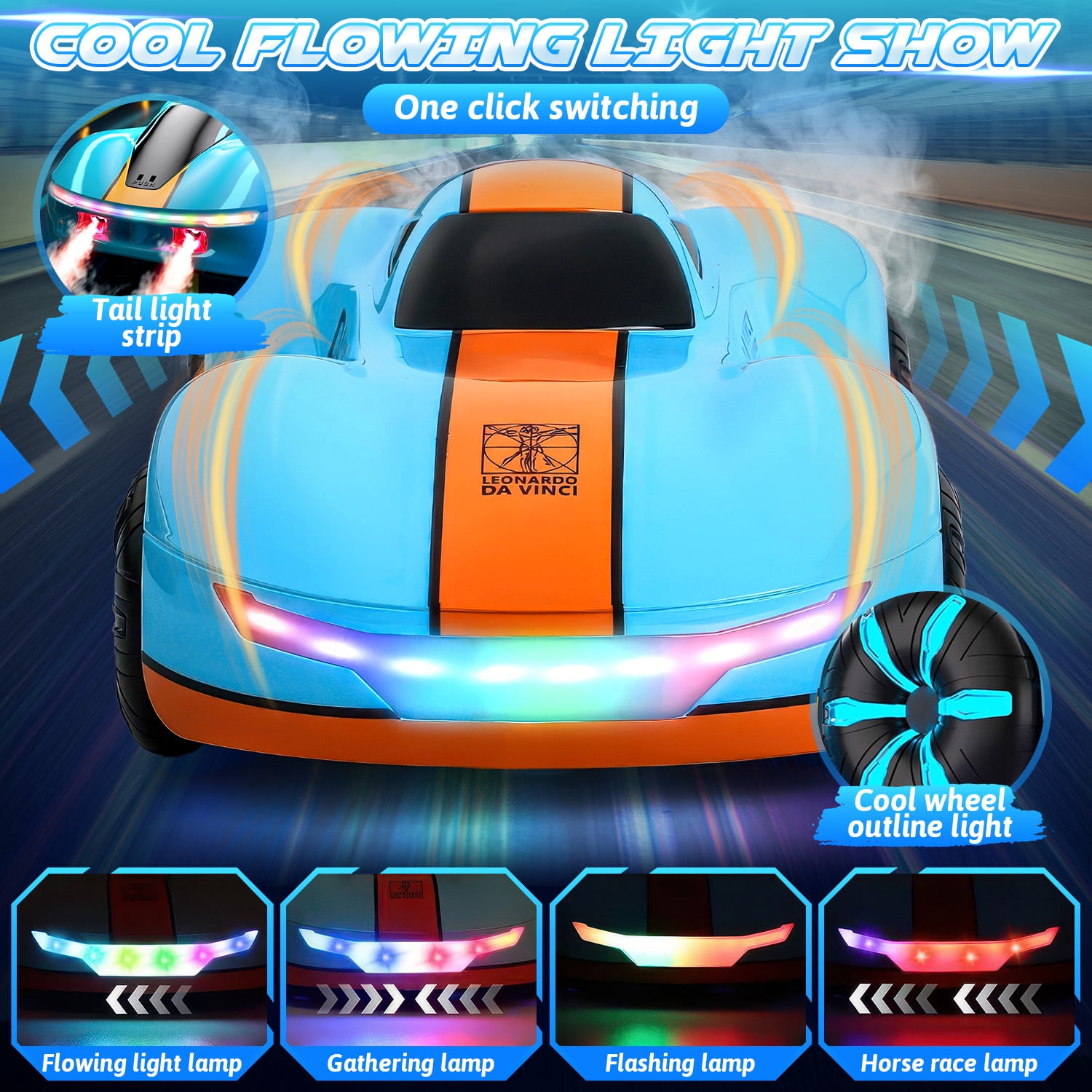 Huge Wave High Speed RC Car for Boys 4-12, 2.4GHz Drift Remote Control Car with Charging Station, Change Light, Dual Spray, 360° Rotate, Birthday Gifts for Kids, Blue