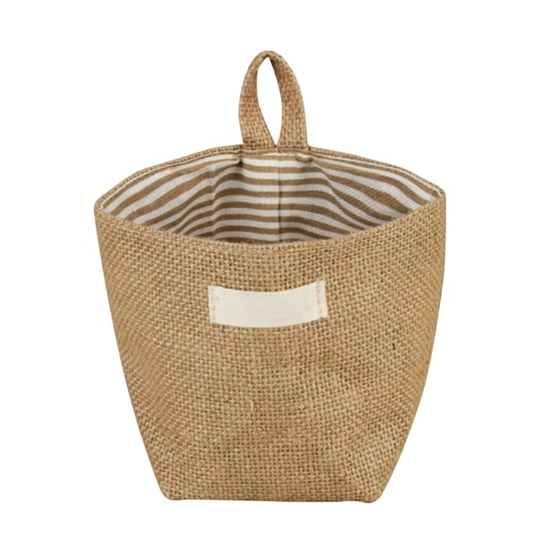 Maceta de tela de algodón con pequeñas bolsas colgantes de yute a rayas (rayas amarillas)