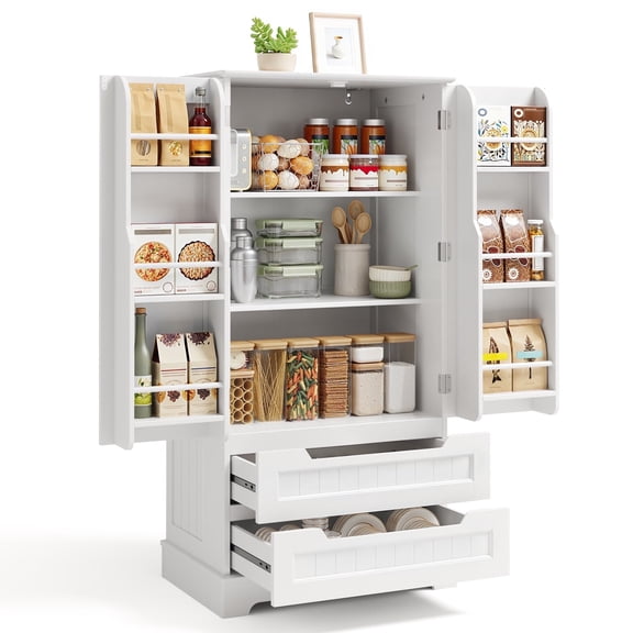Pantry Cabinet, Asofer 47" Pantry Storage Cabinet with 2 Doors , 8 Shelves & 2 Drawers for Kitchen Dining Room, White