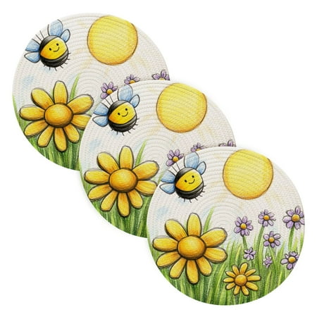 

Bees Collect Honey Coil Dish Mat Set 3 Pack 15 Round Heat-Resistant Durable Soft Polyester