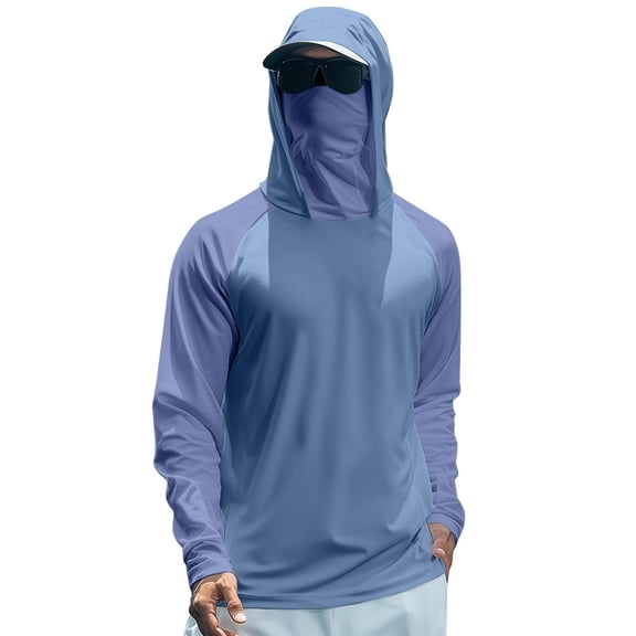 Men's UPF 50 Hooded Sun Shirt, Lightweight Long Sleeve Fishing Shirt with Hood, Quick-Dry Rash Guard Sun Protective Shirt for Hiking, Beach, and Outdoor Activities Blue L