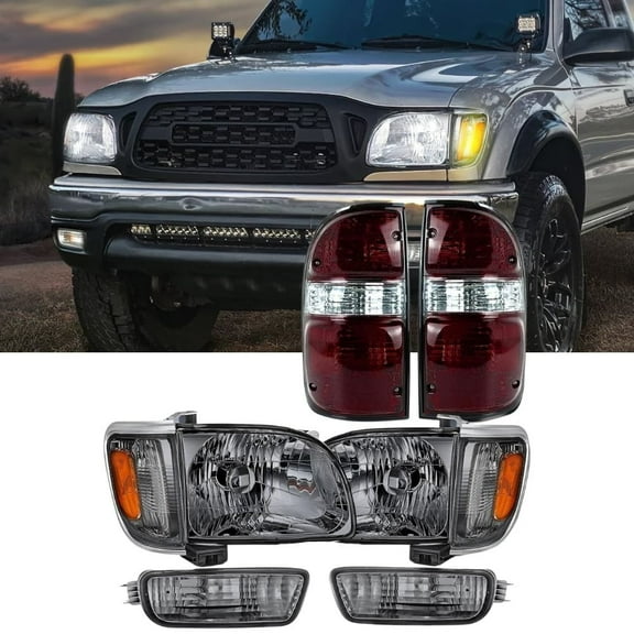 Nilight Headlight and Taillight Assembly Combo Compatible with 2001 2002 2003 2004 Toyota Tacoma OE Style Chrome Housing Smoke Lens Amber Reflector with Dark Red Housing Tail Lights