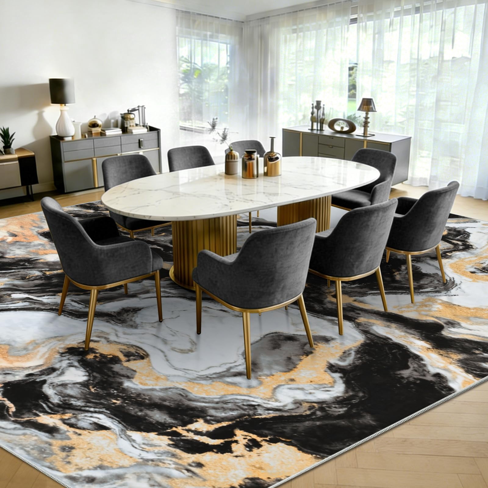 Bleum Cade 8'x10' Area Rugs for Living Room, Marble Black and Gold Abstract Rug,Modern Washable Rugs Low Pile Non Slip, Ultra Soft Faux Wool Non Slip Durable Large Carpet Home Decor