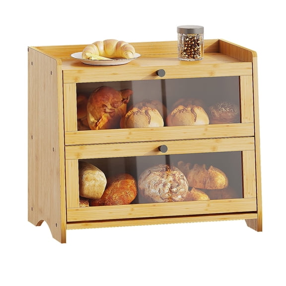 Bamboohomie Double Layer Bamboo Countertop Cabinet, Extra Large 2-Tier Bread Box with Acrylic Doors, Natural