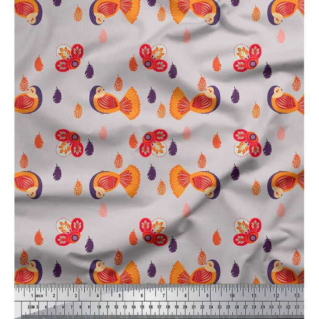 Soimoi Poly Crepe Fabric Leaves & Bird Kids Decor Fabric Printed Yard 52 Inch Wide