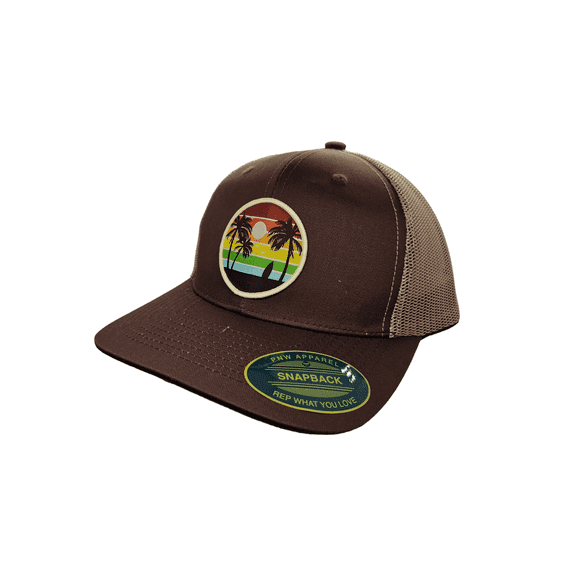 PNW Apparel Vintage Beach Trucker Hat, Brown on Khaki