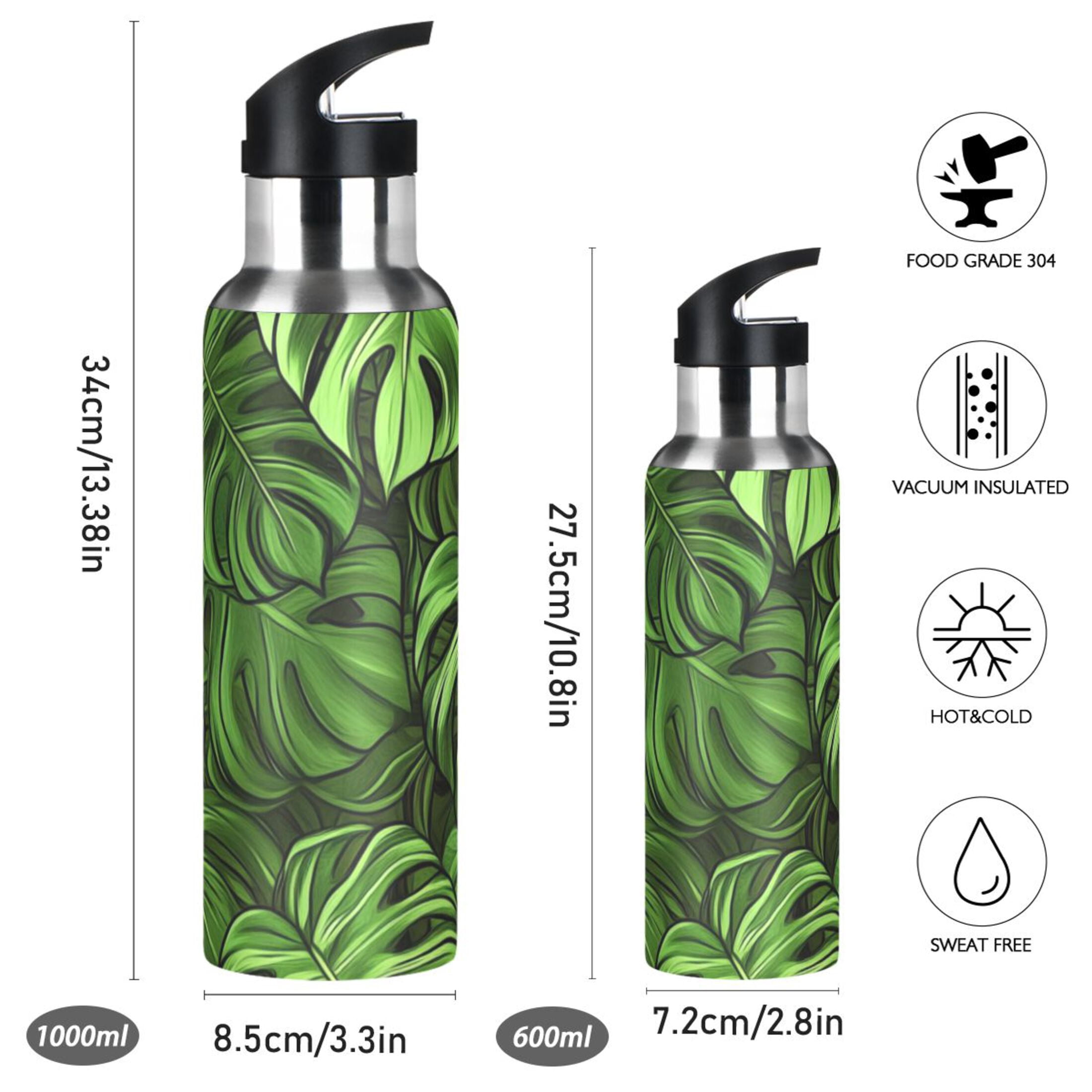 Green Monstera Leaves Sports Bottle with Straw Stainless Steel Water Jug Portable Thermal Cup Leak-proof 1000ML