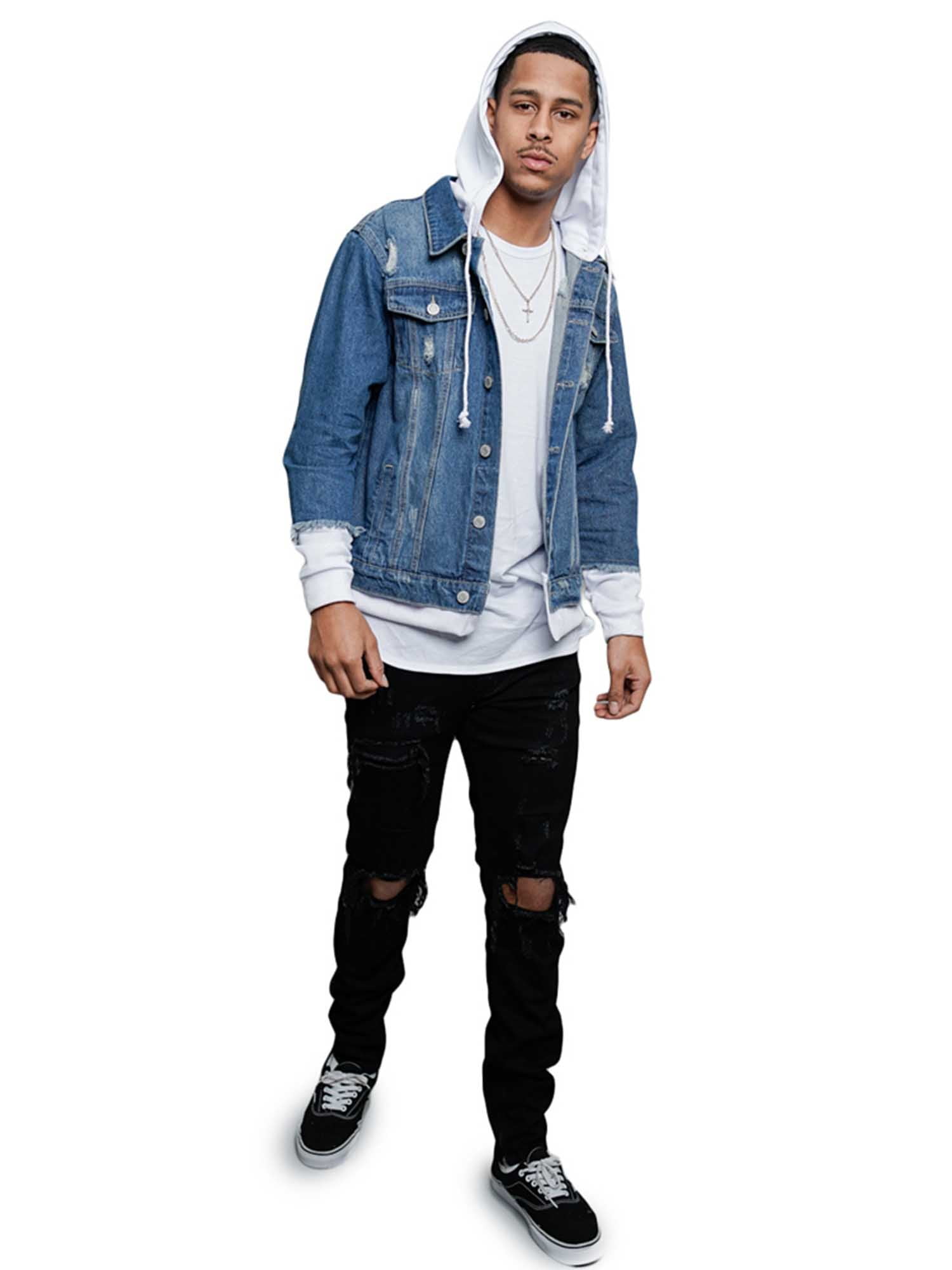 【SATIIIZ】Leonard Hooded Wind Jacket Victorious Men's Hoodie Layered Ripped Denim Jacket with