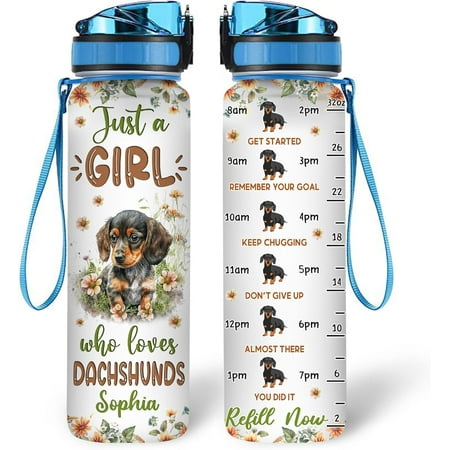 

Personalized Dachshund Lovers 32 Oz 1Liter Motivational Water Bottle With Time Marker Just A Girl Who Loves Dachshunds Animal Lovers Gifts For Women Girl On Birthday Christmas