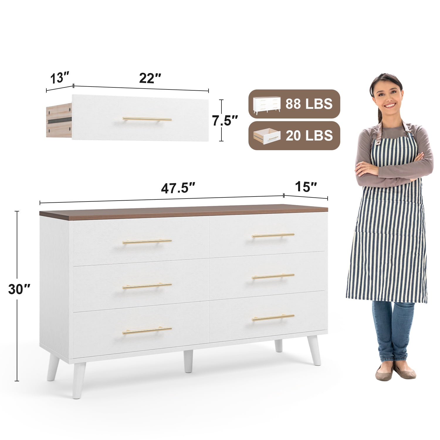 Noelse 6 Drawer Dresser with Metal Handles, Modern Storage Chest TV Stand for Bedroom, Rustic White